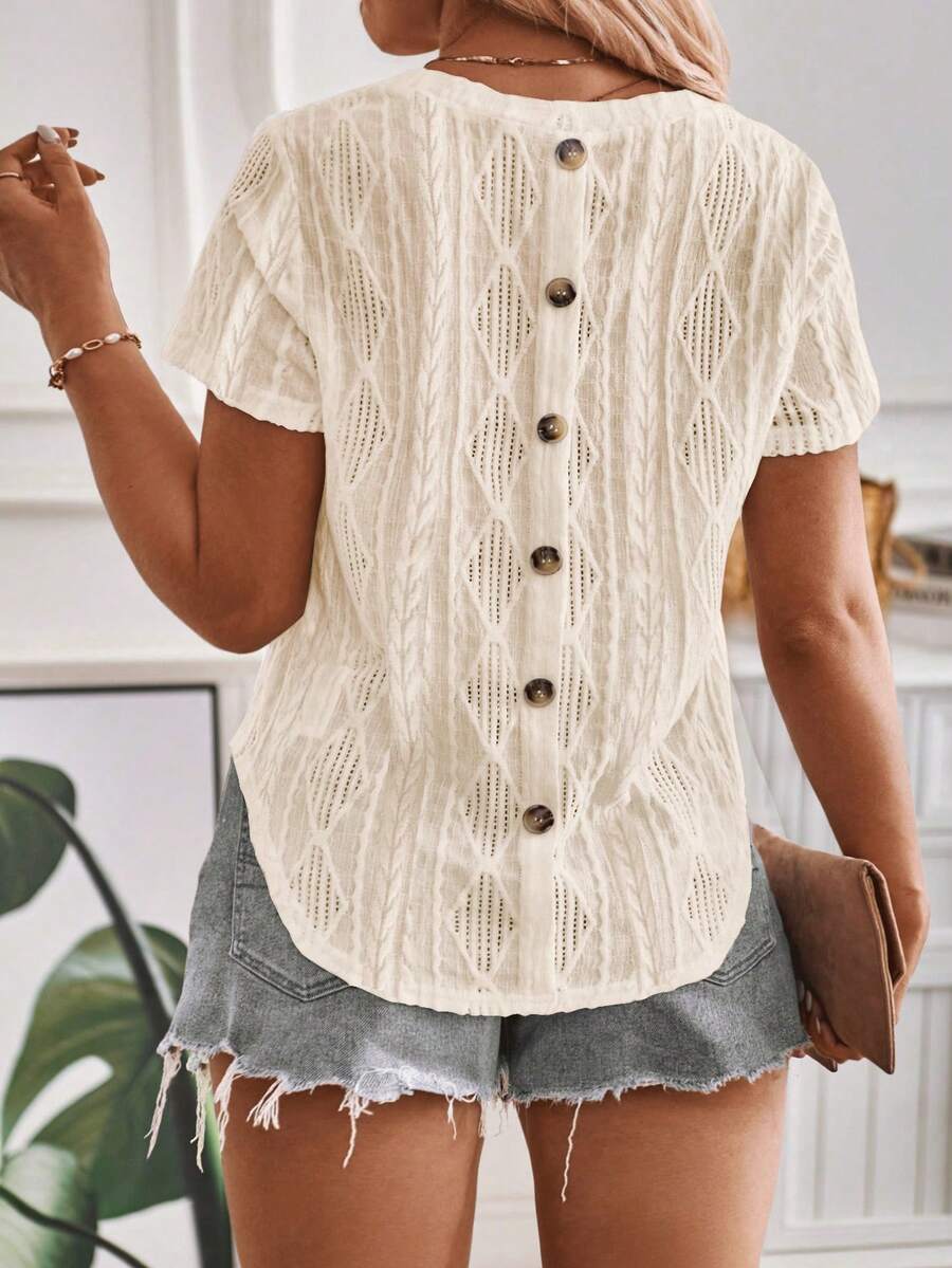 EMERY ROSE New Fashion Casual Basic Round Neck Short Sleeve T-Shirt, Back Button Design Curved Hem, Jacquard Fabric, Plus Size - Apricot - View 1