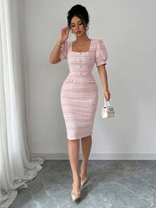 Elenzga 女士优雅浪漫泡泡袖船领收腰修身迷你连衣裙 - 粉色 - 查看 7