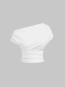 SHEIN MOD Blusa feminina de tricô com ombros assimétricos, cintura e mangas franzidas, estilo casual e minimalista para o verão. - Branco - Ver 5