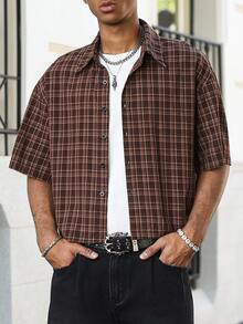 Manfinity EMRG Men's Plaid Single-Breasted Casual Versatile Daily Wear Short Sleeve Shirt - Brown - View 6