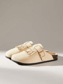 Solecia 新款女鞋，闭趾流苏铆钉PVC水松底杏色休闲复古森系约会时尚度假风 - 米色 - 查看 2