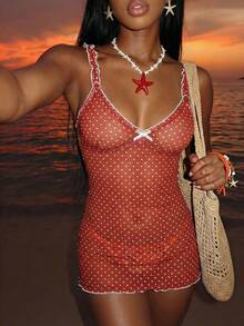 Vaytide Vestido de playa de cobertura transparente y sexy con estampado rojo para mujer - Rojo y blanco - Ver 4