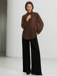 Aveloria Modichic Minimalist French Elegant All-Match Brown And White Polka Dot Chiffon Sheer Collar Long Sleeve Blouse, Suitable For Teachers' Day, Autumn Office - Coffee Brown - View 5