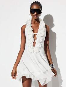Aveloria GENKIRA Chiffon Fabric White Layered Ruffle Hem Dress, Sleeveless A-Line Silhouette, Romantic French Elegant Sophisticated Vacation Casual Sexy Versatile, Suitable For Party, Gathering, High-End Occasions, Women Short Dress - White - View 6