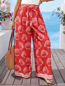Vivid Eden Quần ống rộng nữ kiểu dáng thường ngày, buộc dây, họa tiết vỏ sò, in hình đại dương, thích hợp cho kỳ nghỉ hè. - Đỏ - Xem 1