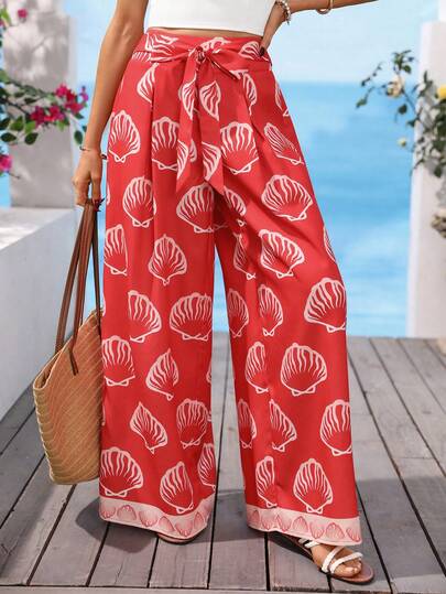 Vivid Eden Quần ống rộng nữ kiểu dáng thường ngày, buộc dây, họa tiết vỏ sò, in hình đại dương, thích hợp cho kỳ nghỉ hè.