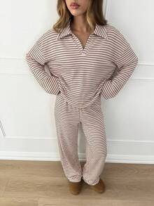 unto de 2 piezas para mujer con camiseta de manga larga de hombros caídos y cuello en V a rayas holgada y pantalones a rayas con cintura elástica, traje de suéter de invierno, otoño/invierno - Rosa Pálido - Ver 6