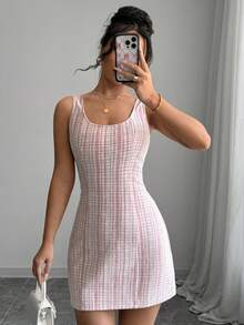 Selianne 女士夏季格子圆领无袖优雅连衣裙新年衣服 - 紅色 - 查看 6