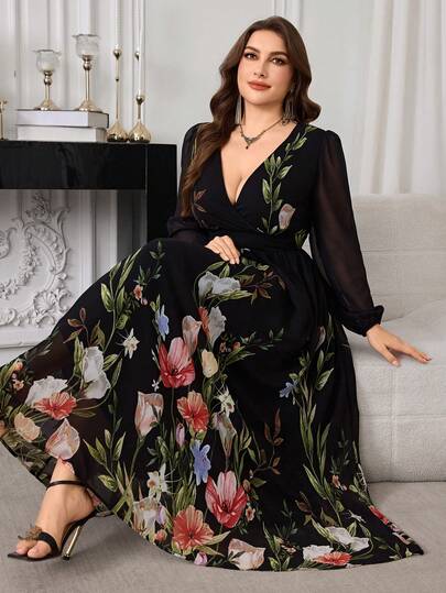 Modelyn Vestido maxi romántico de mujer talla grande con estampado floral, cuello cruzado en V, manga larga, de gasa con cintura fruncida
