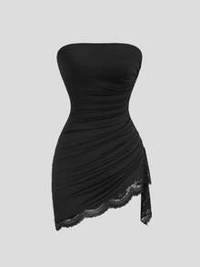 Sweetra Women's Sexy Lace Patchwork Ruched Fitted Mini Dress, Spring/Summer - Black - View 7