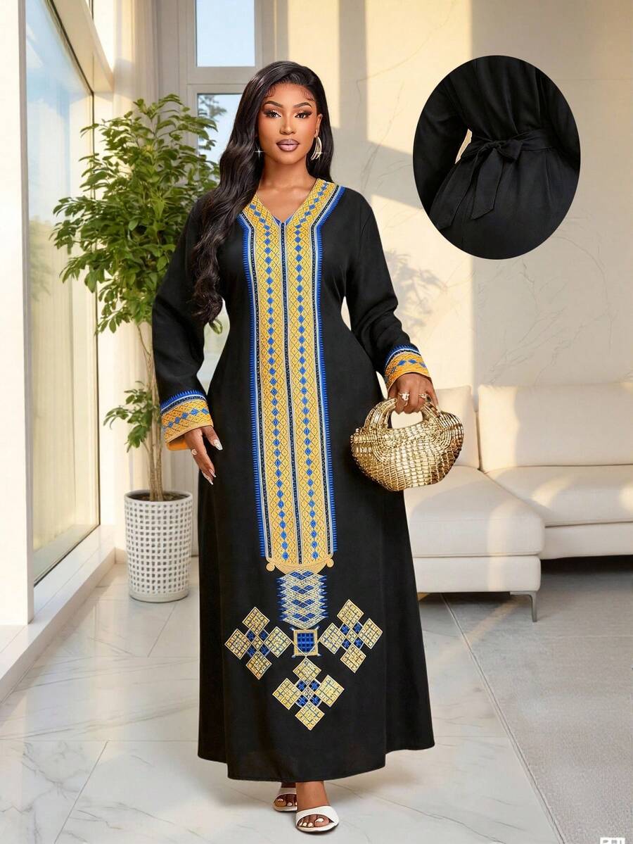 Brilight Women's Elegant Loose-Fitting Dress, Middle Eastern Robe, Arab Robe, Traditional Pattern Print Dress, Perfect For Parties, Daily Gatherings, And Other Festive Dresses, Autumn Dresses - Black - View 1
