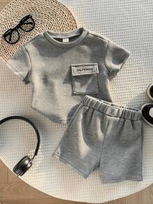 SHEIN 2件套婴儿男女童夏季休闲纹理面料灰色上衣T恤和灰色短裤套装，婴儿夏季服装 - 彩色 - 查看 1