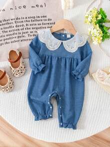 Souflis Souflis Newborn Baby Girls' Embroidered Collar Long Sleeve Romper Blue And White Striped Autumn Cute Family Matching Holiday Jumpsuit Outfits Clothes - Multicolor - View 9