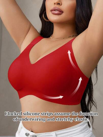 SHEIN Sujetador sin costuras con tiras de gel suaves para mujer de talla grande, sujetador con soporte inalámbrico y efecto push-up