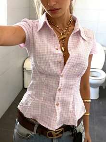 INAWLY Women's Polo Collar Short Sleeve Fitted Shirt - Pink - View 4