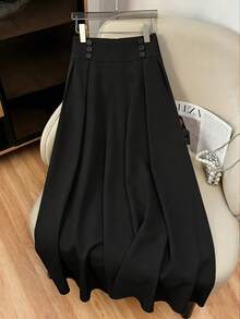 GlowEve CURVE Plus Size Women's Spring/Summer Solid Color Minimalist Fashion Regalyn-D Mid-Length A-Line Skirt With Elastic Waist, Side Pleated Button Design, Stylish Casual Everyday Wear - Black - View 7