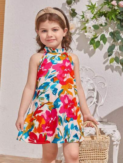 SHEIN Vestido de niña con estampado floral y cuello halter
