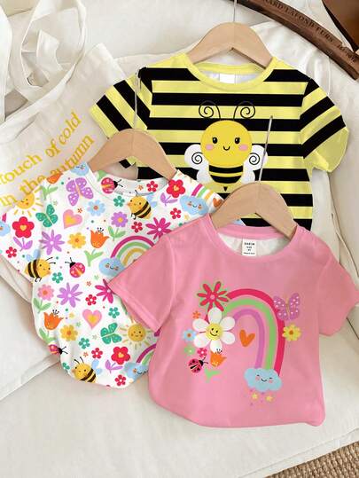 SHEIN 3pcs/Set Baby Girl Casual Cute Floral, Face, Rainbow, Insect, Honey, Butterfly Print Round Neck Short Sleeve T-Shirts, Suitable For Spring And Summer, Baby Girl Clothes, Toddler Girl Clothes, Baby Girl Outfit, Baby Tee, Cozy Spring And Summer Styles, Easy Comfort, Summer, Spring, Chill Tops, Baby Top, Vacation, Graphic Tee, Graphic Print, Tops, Fall New Style