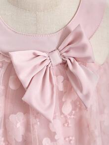 SHEIN Baby Girl Bow Decor Mesh Neck Tie Cute Dress - Pink - View 4