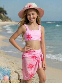 SHEIN Tween Girls' Floral Print Swimsuit Set - Multicolor - View 2