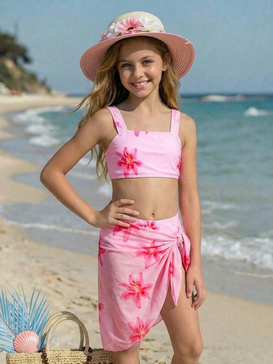 SHEIN Tween Girls' Floral Print Swimsuit Set - Multicolor - View 1