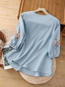 SHEIN LUNE Plus Size Women Floral Embroidery Pattern Round Neck Casual Versatile Daily Wear Shirt - Baby Blue - View 2