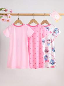 Conjunto de 3 piezas de camisones de manga corta hasta la rodilla para niñas pequeñas, con estampado de conejitos y corazones por todo el diseño, en combinación de color rosa, cuello redondo de punto, suelto y suave, ropa de dormir casual de verano - Rosa - Ver 2