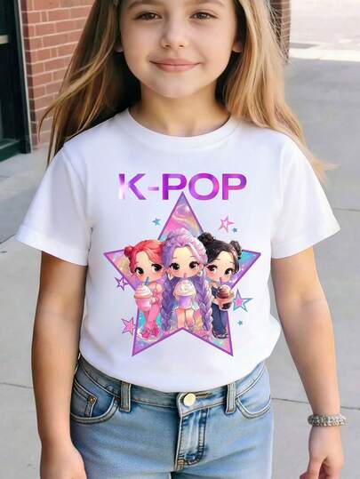 Blusa casual de manga corta con cuello redondo y estampado gráfico de dibujos animados/estrella K-pop, adecuada para uso diario, viajes u ocasiones festivas, blusas de verano blancas para niñas