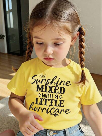 Baby Girls' Casual Comfortable Fashion Minimalist Creative Cute Sweet Letter Graphic Tee, Bright Yellow Short Sleeve T-Shirt, Everyday & Tops, Spring/Summer