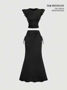 SHEIN MOD Petite Fit For The 150-160cm, Petite Perfect,  Women's High Waisted Side Drawstring Waist With Pleated Hem And Mermaid Hemline Long Black Skirt Drawstring Skirt Black Long Skirt Gothic Skirt Slit Skirt Ruched Skirt,Summer,Festival ,Beach, Wedding ,Vacation,Vintage,Romper,Black High Waist Maxi Skirt For Women, Ruched Drawstring Bodycon Mermaid Skirt, Petite Fit Elegant Slim Fishtail Long Skirt, Minimalist Y2K Chic Going Out Bottom For Party, Date Night, Cocktail, Dinner, Holiday, Club, Streetwear,Summer,Festival,Beach,Tea Party,Outfit,Vacation,Print,Going Out,Cute,Garden Party,Romantic,Country Concert,Music Festival,Boho,Y2K,Vintage,Cottagecore,Floral,Ruffle - Black - View 7