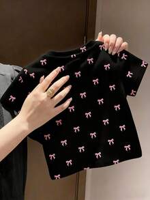 Maglietta a maniche corte con stampa a fiocco elegante e chic, adatta per ragazze, stile coreano, per uscite, comoda e di stile, per primavera ed estate, casual, con grafica, nuovo stile estivo, moda primavera/estate - Multicolore - Visualizzare 2