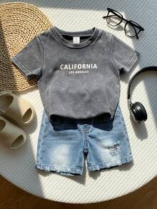 SHEIN 男婴夏季休闲雪花牛仔上衣和蓝色牛仔短裤两件套，夏季服装 - 彩色 - 查看 5