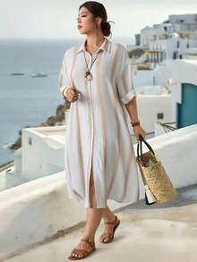Parysyn Large-Sized Woven Casual Summer Dress For Women - Apricot - View 3