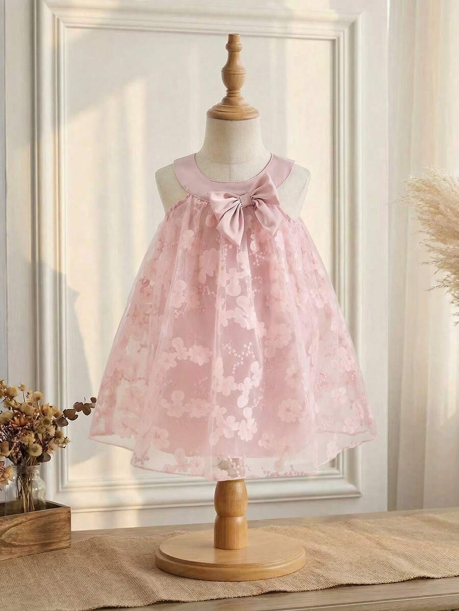 SHEIN Baby Girl Bow Decor Mesh Neck Tie Cute Dress - Pink - View 1