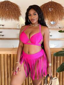 Slaydiva 2026 Nouveau ensemble de bikini 3 pièces grande taille pour femmes, magenta. Maillot de bain avec buste rembourré séparé, jupe à franges affinant les jambes. Tenue de vacances à la plage pour femmes. Ensembles de maillots de bain pour femmes, ensembles deux pièces pour femmes, ensembles deux pièces d'été pour femmes, ensembles deux pièces pour femmes, tenues deux pièces roses vives pour femmes, ensembles deux pièces à franges pour femmes, tenues d'été deux pièces pour femmes, tenues deux pièces pour femmes, tenues Cana pour femmes - Rose vif - Voir 6