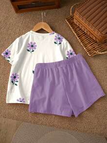 两件套少女休闲碎花短袖上衣短裤套装，宽松舒适的夏季服装 - 彩色 - 查看 5