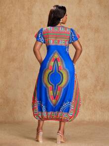 Brilight 女士休闲日常裹身短袖连衣裙。南非传统服饰，适合派对和聚会，饰有艺术印花。彩色长裙，适合艺术摄影。春夏女装。 - 藍色 - 查看 2