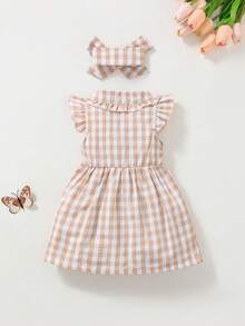 SHEIN Vintaside Kids 女婴休闲日常黄色格子短袖连衣裙，适合外出或日常舒适穿着 - 卡其色 - 查看 2