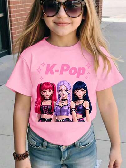 Girls' Cute Cartoon K-POP Girl Group Graphic Print Round Neck Short Sleeve Casual Top, Suitable For Daily Play, Travel Or Holiday Outfit, Pink Summer Tops