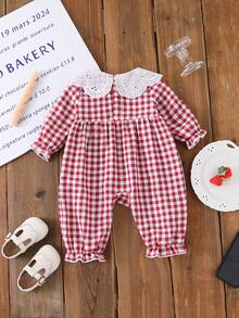 新生女宝宝格子草莓刺绣彼得潘领长袖连体衣，婴儿春秋季连体衣，女宝宝格子连身裤 - 彩色 - 查看 2