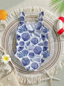 女婴连体泳衣，蓝色贝壳印花，修身款，适合海滩、度假、夏季穿着 - 彩色 - 查看 2