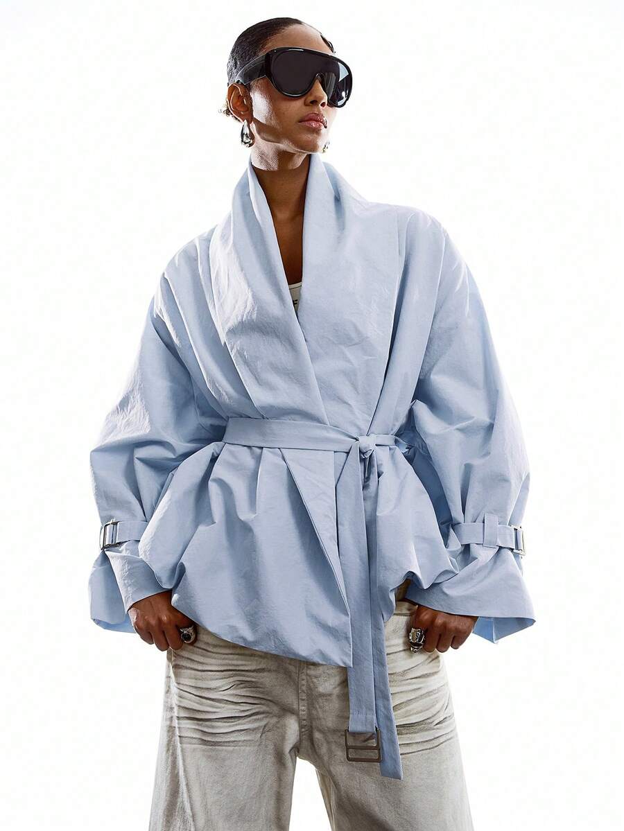 LYSMO 2026 New Minimalist Solid Blue Long Sleeve Windbreaker For Women, Suitable For Everyday Wear, Spring/Summer - Blue - View 1