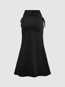 SHEIN MOD Petite Fit For The 150-160cm, Petite Perfect,  Women's High Waisted Side Drawstring Waist With Pleated Hem And Mermaid Hemline Long Black Skirt Drawstring Skirt Black Long Skirt Gothic Skirt Slit Skirt Ruched Skirt,Summer,Festival ,Beach, Wedding ,Vacation,Vintage,Romper,Black High Waist Maxi Skirt For Women, Ruched Drawstring Bodycon Mermaid Skirt, Petite Fit Elegant Slim Fishtail Long Skirt, Minimalist Y2K Chic Going Out Bottom For Party, Date Night, Cocktail, Dinner, Holiday, Club, Streetwear,Summer,Festival,Beach,Tea Party,Outfit,Vacation,Print,Going Out,Cute,Garden Party,Romantic,Country Concert,Music Festival,Boho,Y2K,Vintage,Cottagecore,Floral,Ruffle - Black - View 2