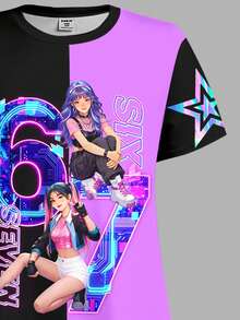 SHEIN Tween Girls' Black And Purple Summer Cute City Break Dress,K-POP Girl Group Letter & Star Print,Personalized Number 67 Fashionable Pattern Holiday - Multicolor - View 4
