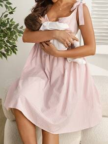 SHEIN Maternity Button Design Knotted Shoulder Striped Casual Sleeveless Nursing Dress - Multicolor - View 7