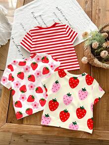 SHEIN 3pcs/Set Baby Girl Cute White And Red Strawberry Print Short Sleeve T-Shirt Set,Summer Casual Round Neck Graphic Tee Tops - Multicolor - View 3