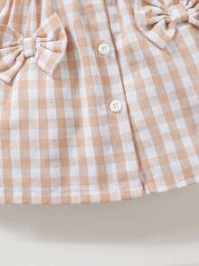 SHEIN Vintaside Kids 女婴休闲日常黄色格子短袖连衣裙，适合外出或日常舒适穿着 - 卡其色 - 查看 8