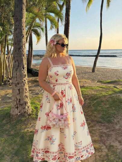 SHEIN MOD Vestido bohemio con estampado floral para mujer de talla grande, ideal para vacaciones, romántico, vintage