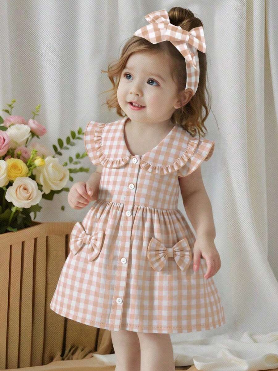 SHEIN Vintaside Kids 女婴休闲日常黄色格子短袖连衣裙,适合外出或日常舒适穿着 - 卡其色 - 查看 1