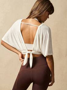 VARSIVA Solid Color Batwing Sleeve Cropped Sports T-Shirt - White - View 6